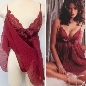 Y2K Victoria’s Secret Silk Thong Burgundy Red Pleated Babydoll Slip Dress Set